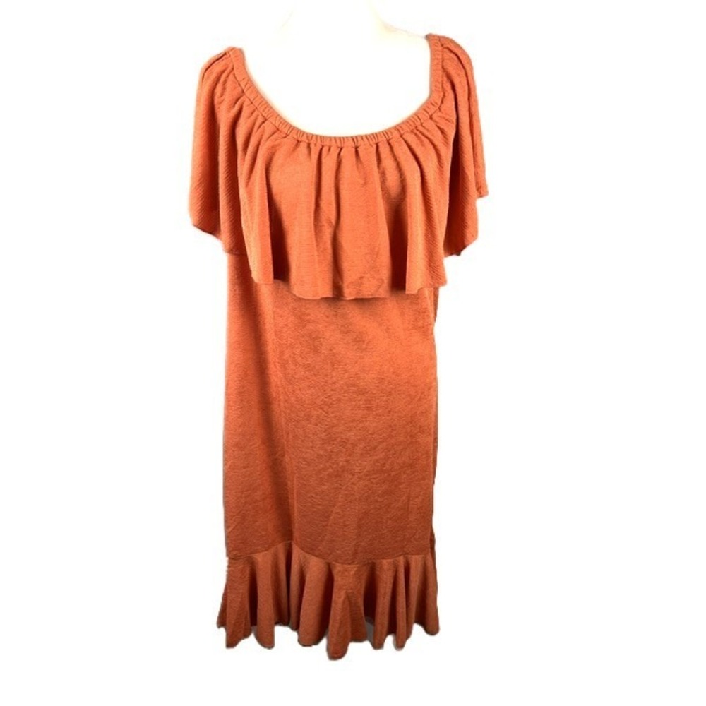 LuLaRoe Cici Flounce Dress 2XL Ruffle On/Off Shoulder Slub Knit Burnt Orange